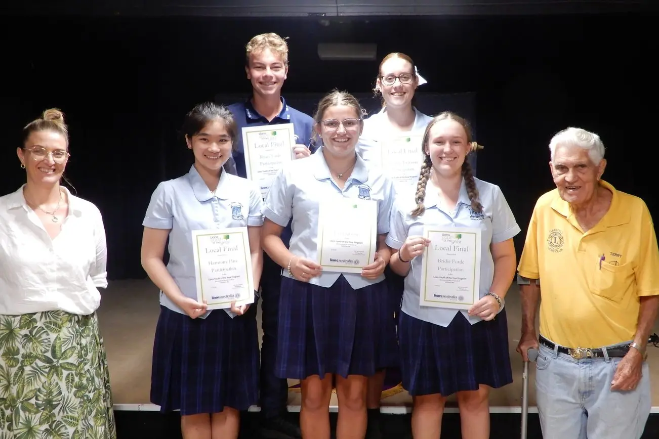 Lions Youth of the Year entrants with Sarah Osmond and Lion Terry Carroll. PHOTOS: Supplied