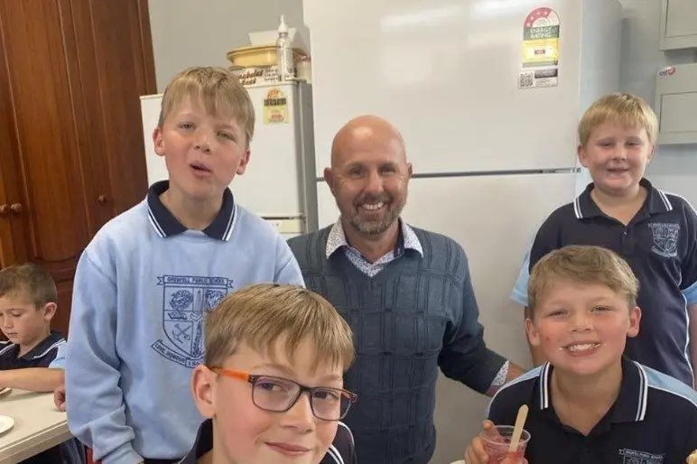 George Armstong, Clarence McMahon, Mr Cartwright, Walter McMahon and Aiden Dennis enjoy the Principal\\u2019s Morning Tea. PHOTO: Supplied.