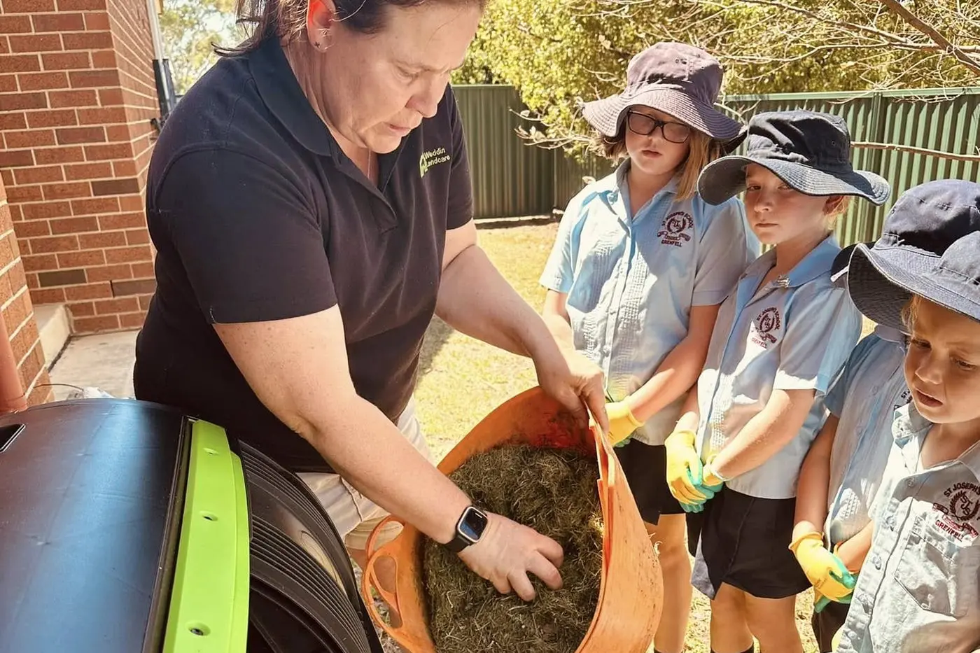 Melanie Cooper delivering composting workshop to St Joeys kids for Grenfell Community Produce. PHOTO: Supplied