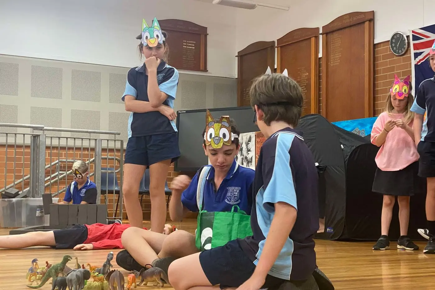 Alexa Dowd with Ethan Browne and Cody Douglass perform for the school. PHOTOS: Supplied