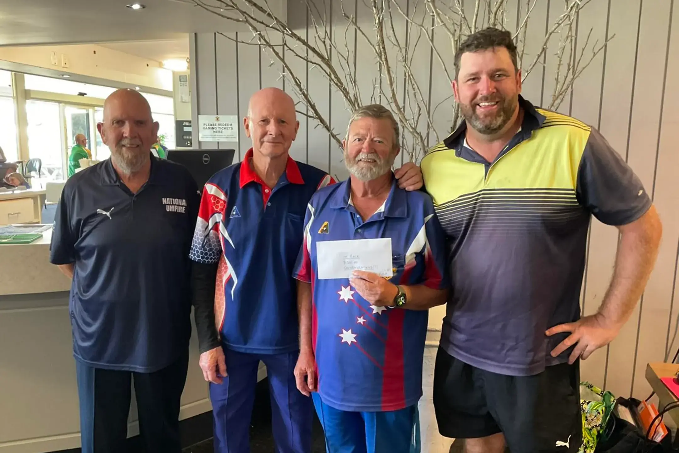 <p>Ray Fitzallan, Peter Mead and Arty Stacey were congratulated on their win by Martin Betcher at the Coca-Cola Open Euro Pacific Tournament. PHOTO: Grenfell Lawn Bowlers Club\\'s Facebook.</p>\\n
