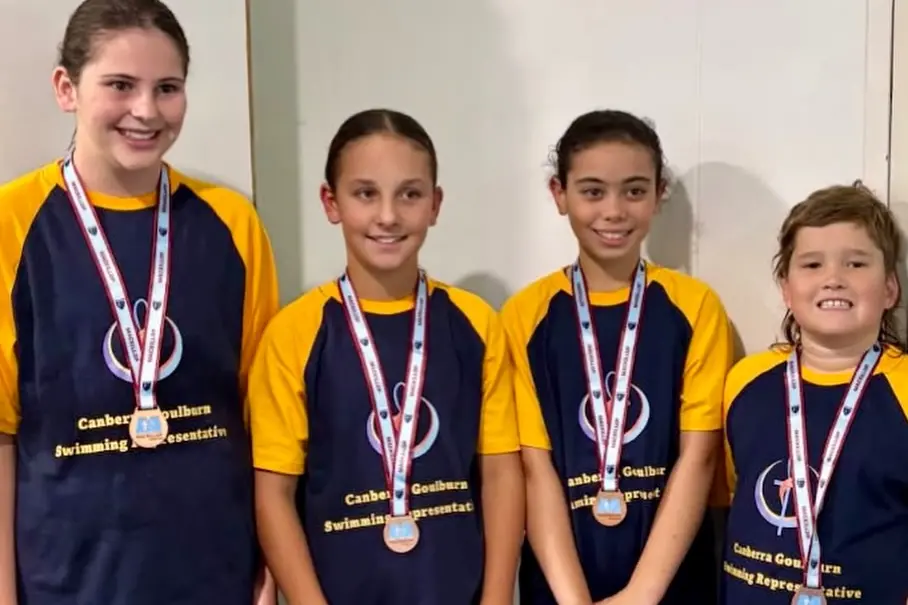 <p>St Joseph\\'s Primary School 4x50m mixed relay team who placed third in Sydney at the MacKillop Primary Swimming Championships. Georgina Nowlan, Adelaide Conron, Claudia McCarthy and Mac Cations.</p>\\n