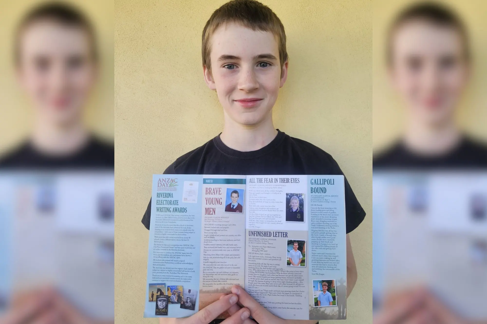 <p>Jack Fanning proudly holding his winning writing published in Michael McCormack\\'s 16th ANZAC Day booklet.</p>\\n