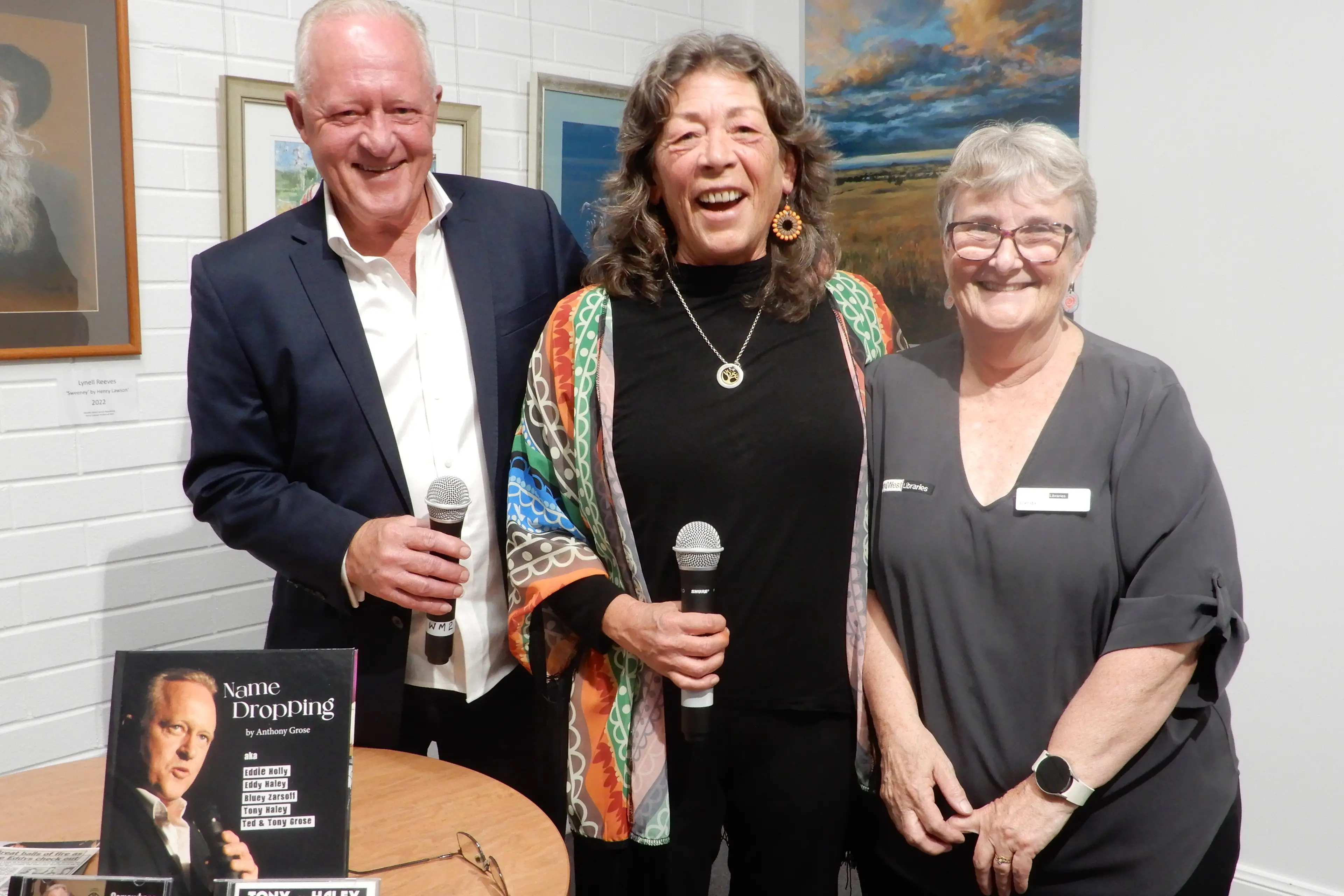 <p>Tony Grose  (Haley) and Julie Gilmore with librarian Glenda Wockner following the book launch \\u201CName Dropping\\u201D.</p>\\n