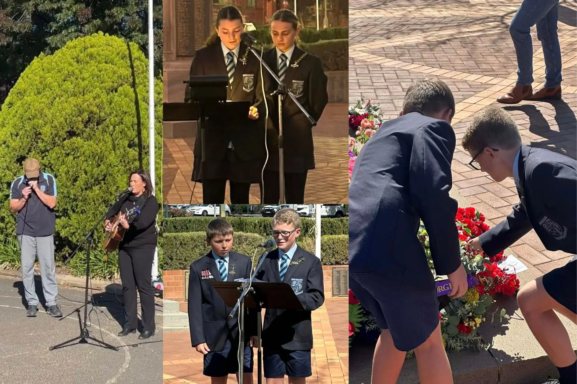 <p>Left: Mr Cartwright accompanied Belinda Day. Middle top: Lily and Hilary at the Dawn service. Middle bottom: Archer and Noah at the morning service. Right: Archer and Noah laying the wreath. </p>\\n