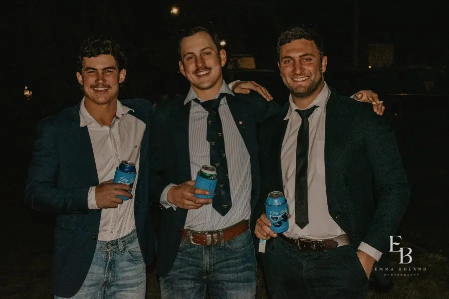 <p>Sam Fraser, Duncan Muir, and Jacob Bugeja at last years Gooloogong Esky Ball.</p>\\n