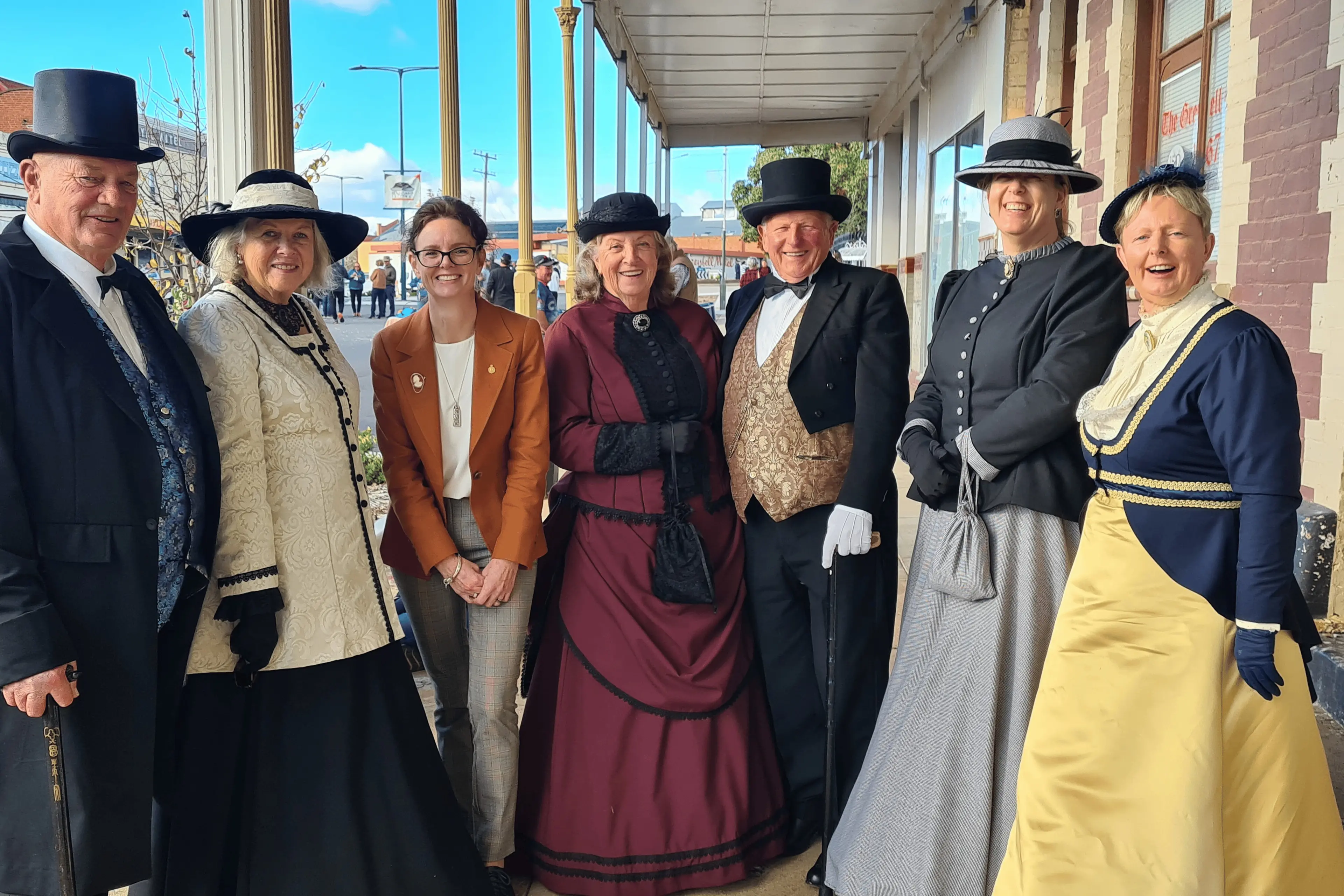 <p>Steph Cooke with the some of the many people who love coming to Grenfell for the Henry Lawson Festival during the June long weekend.</p>\\n