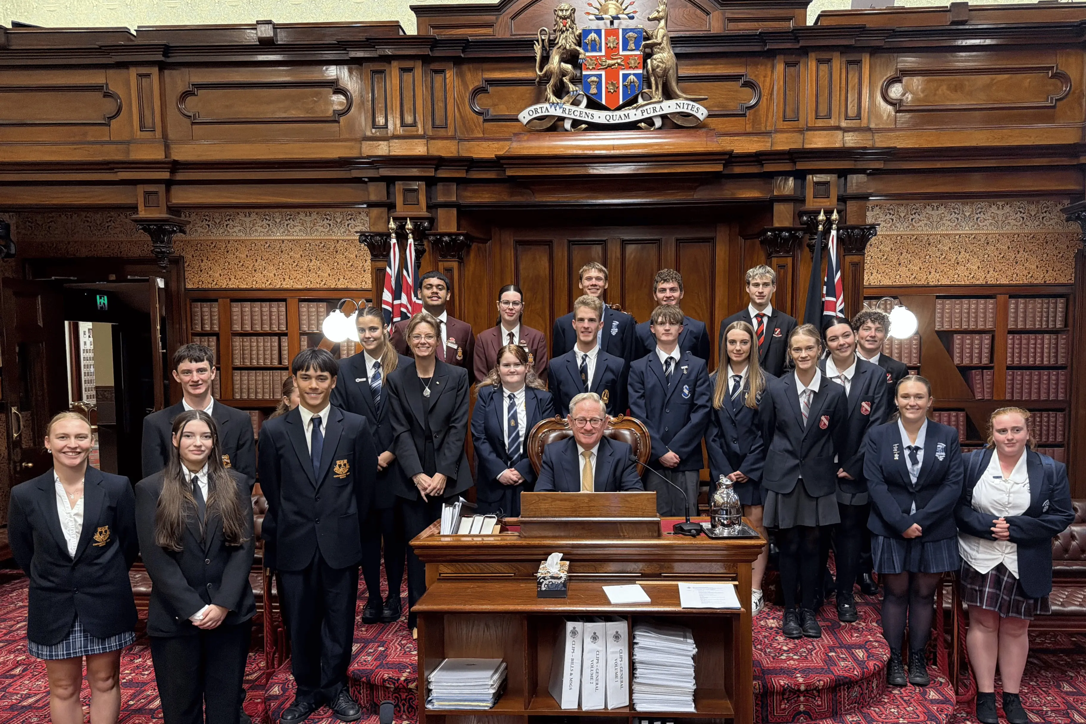 <p>Steph Cooke MP, with President of the New South Wales Legislative Council Ben Franklin, and student leaders from the Cootamundra Electorate.</p>\\n