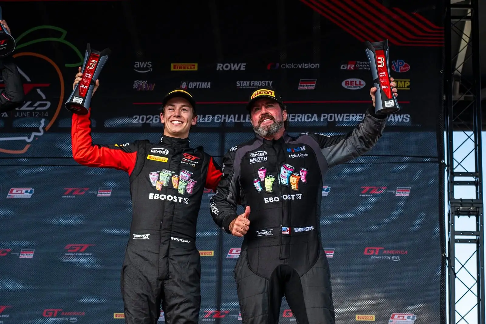 <p>Tom Sargent alongside Kyle Washington who have claimed their third podium finish in four rounds. PHOTO: Tom Sargent Facebook page</p>\\n