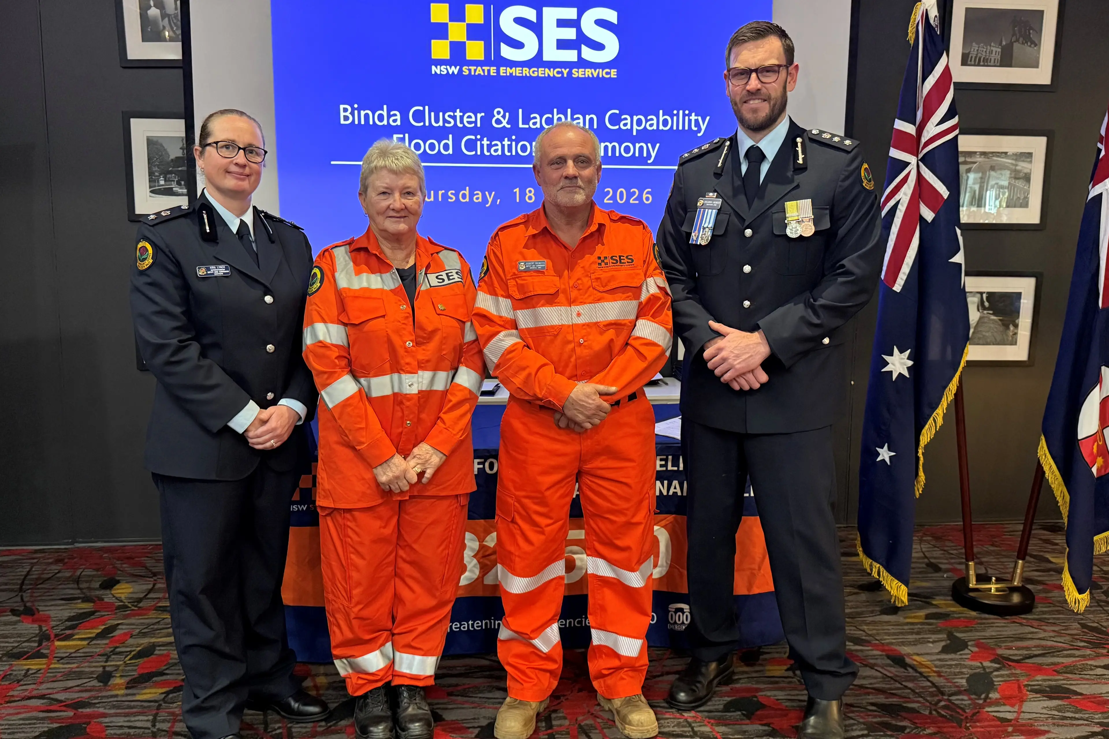 <p>Patricia Brown and Senior Group Officer Robert Ricketts accepted their flood citations from Deputy Zone Commander for the Lachlan Command Kiara Lynch and Southern Zone Acting Zone Commander Acting Chief Superintendent Ben Lavender.</p>\\n