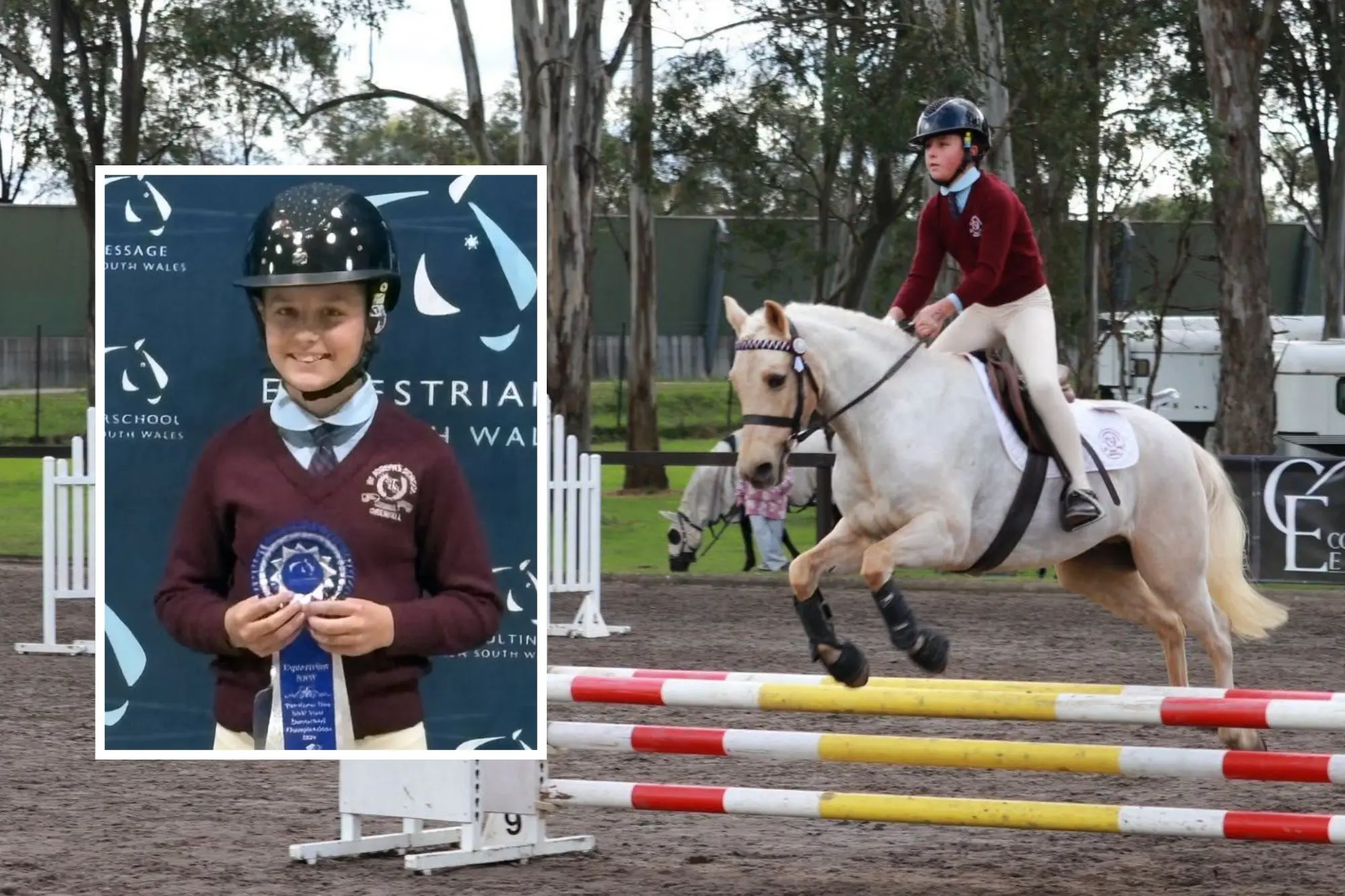 <p>Adelaide with her winning ribbon and competing with her horse Nulla.</p>\\n