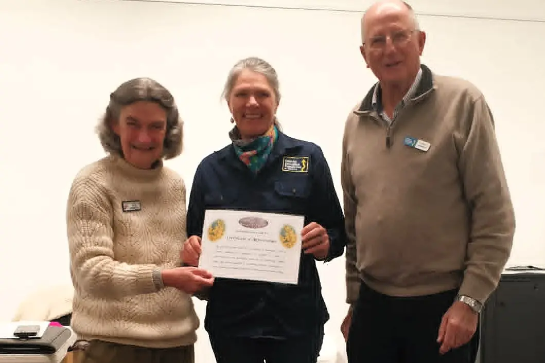 <p>Treasurer Anita Edwards presenting cheque to CEF representatives Margaret Carey and Peter Spedding. </p>\\n