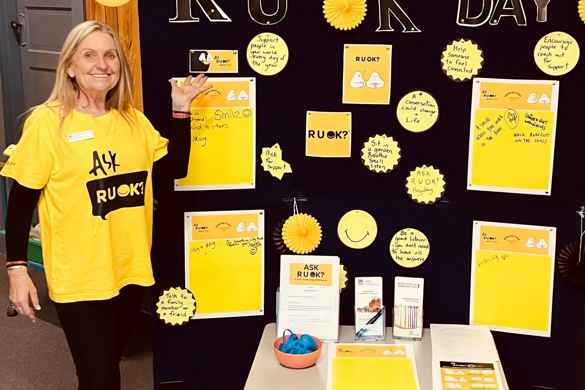 <p>Elly Schiller from Grenfell MPS Community Health marking R U OK? Day last year. PHOTO: Western NSW Local Health District</p>\\n