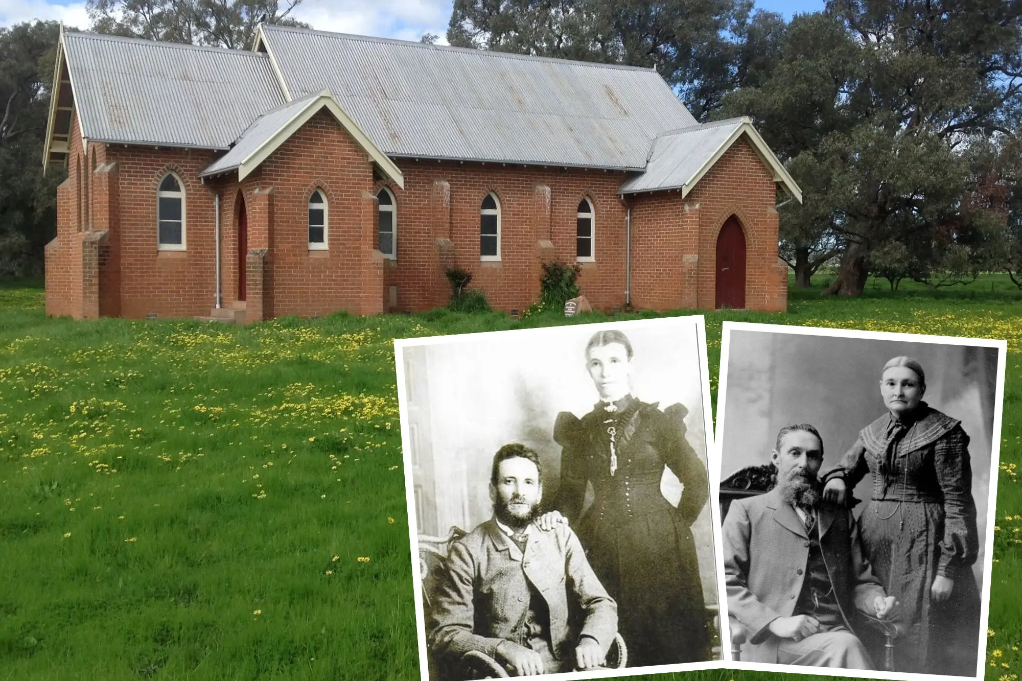 <p>The Warraderry Church still sits proudly in the Warraderry Valley. Insert left: Charles Jones and Elizabeth Venables 1870. Charles is the son of William Jones (the first) and Elizabeth Robinson. Insert right: William Jones (the second) and wife Marry Ann Ceeney 1868. William is the son of William Jones (the first) and Elizabeth Robinson.</p>\\n