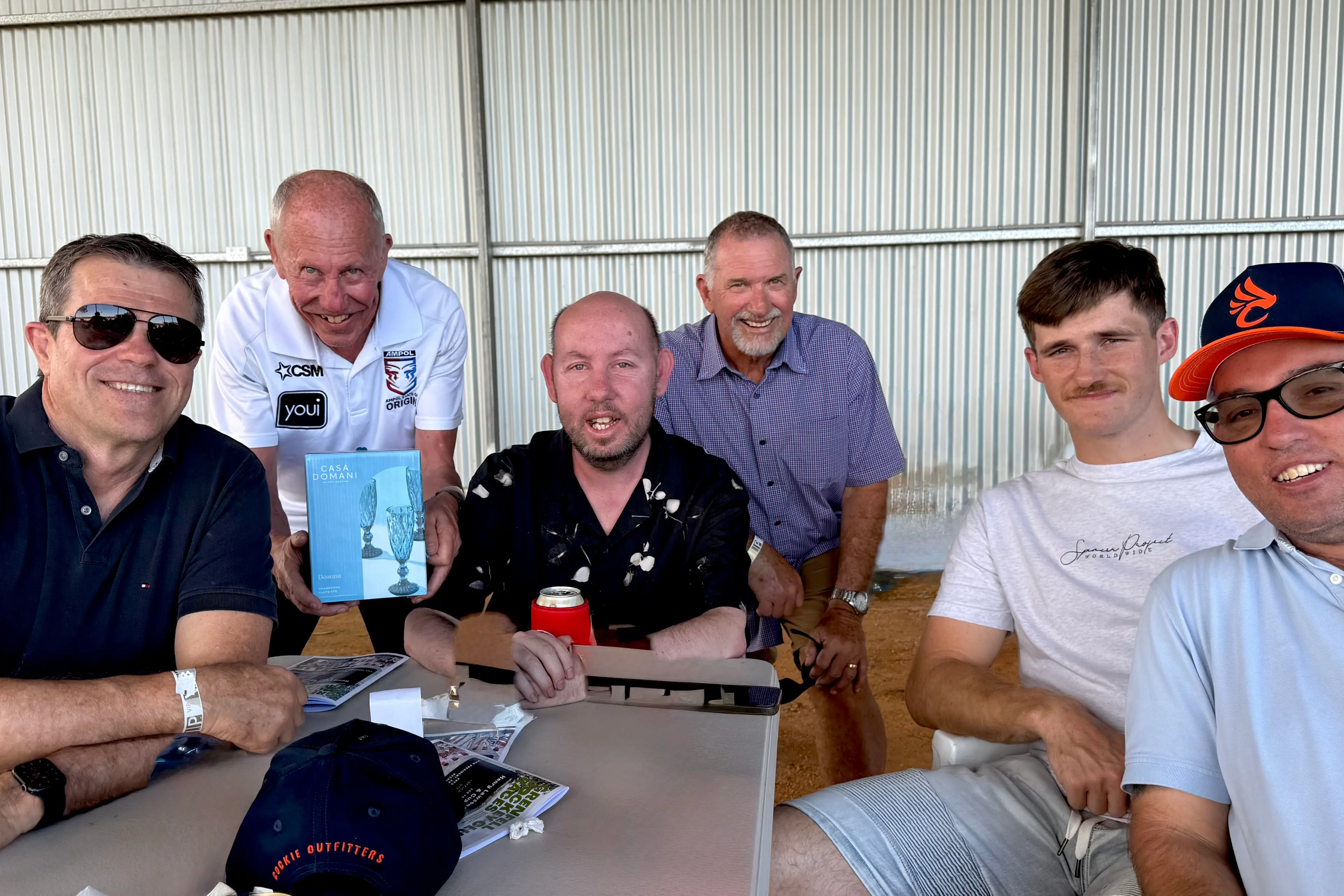 <p>Part owner of Kneel Down,  Owen Sargeant (second from left) was spotted on race day with his brother and their sons in the President\\'s Tent. PHOTO: Colleen Gorman</p>\\n